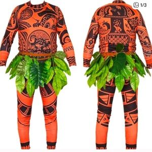 Maui Tattoo Pants and Long Sleeve Top Cosplay Costume  With Leaf Skirt